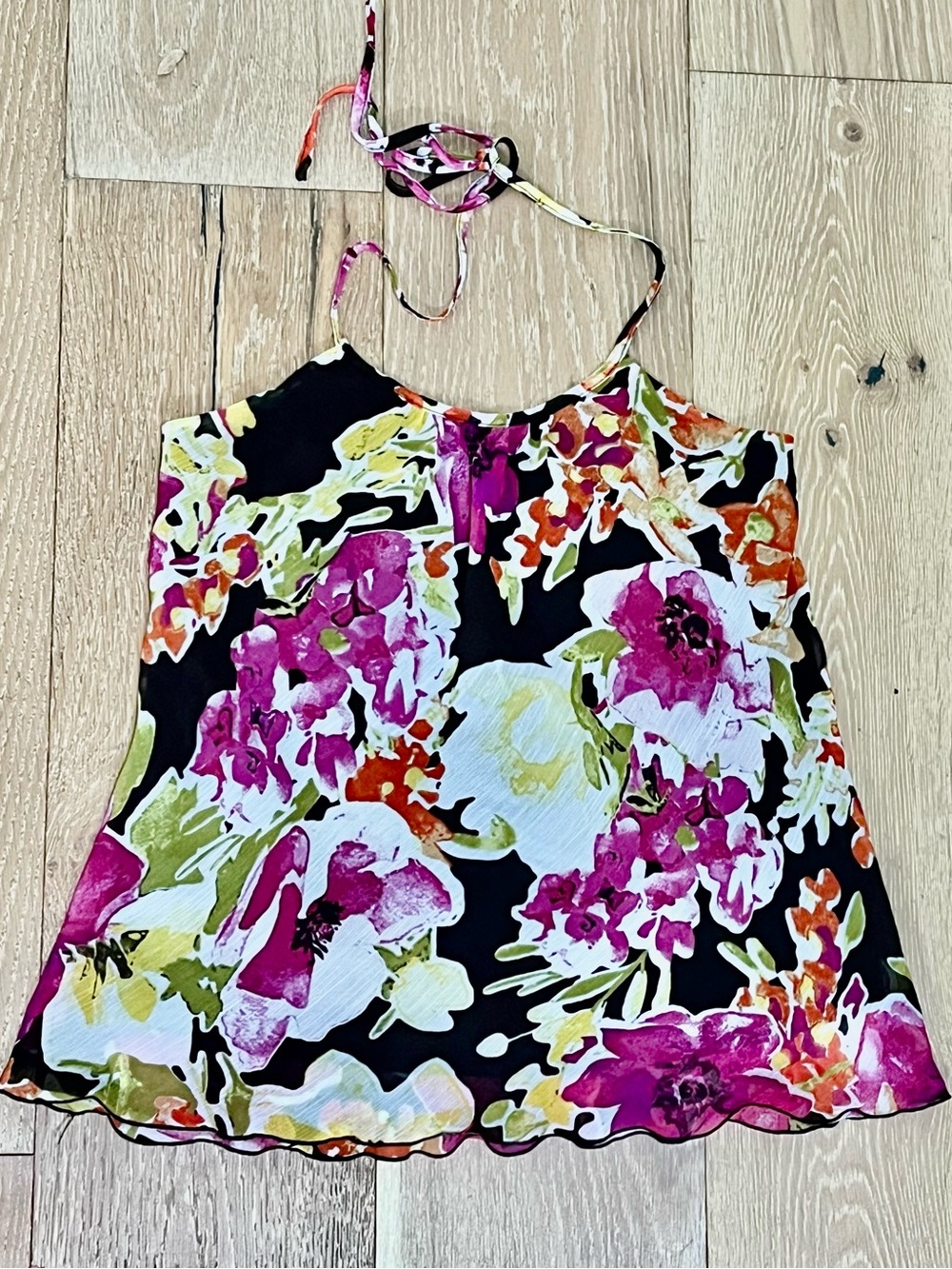 IZ Byer Y2K-era Sheer Floral Tie Halter Top Brown Sz M